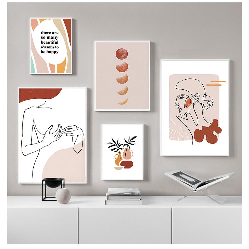 Retro Wall Art Canvas Painting Nordic Posters And Prints Wall Pictures For Living Room Decor Line Girl Plant Moon Quote Abstract