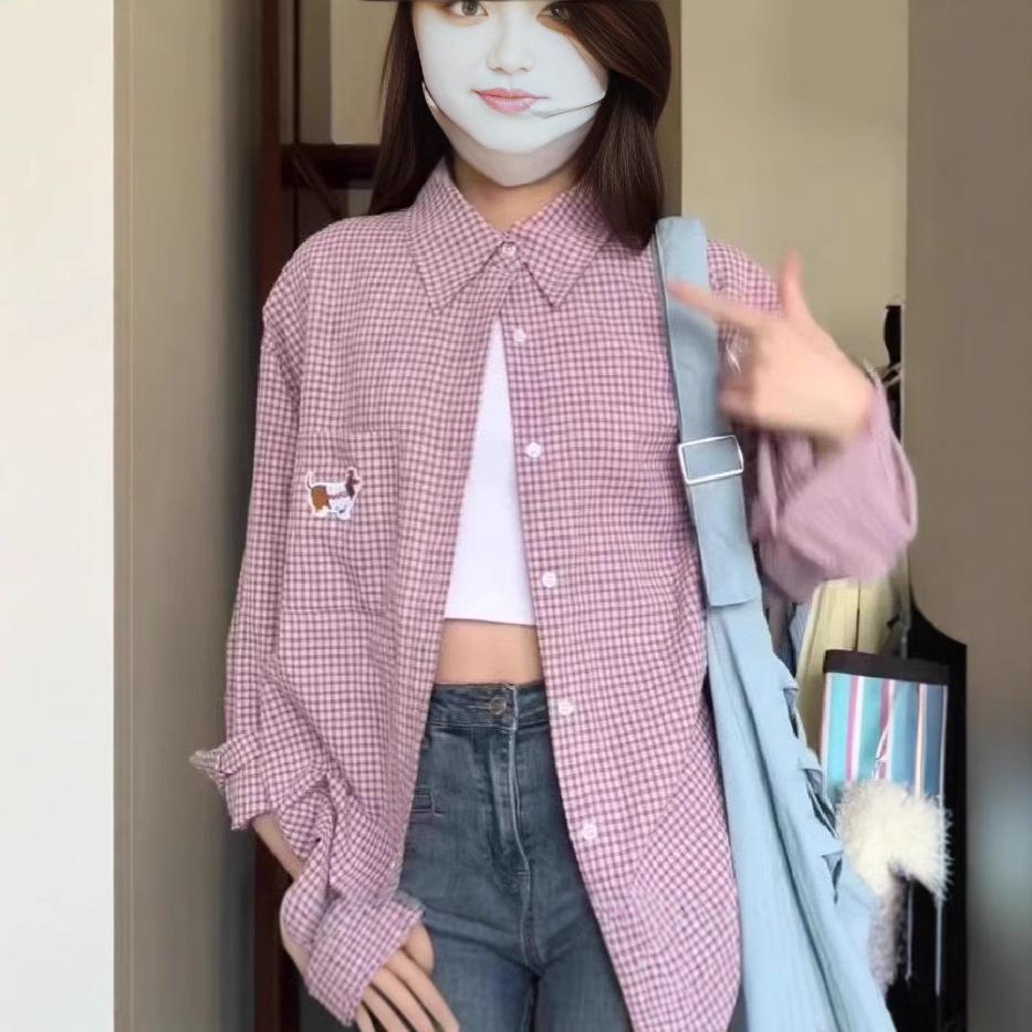 2025 Spring/Summer Women's Embroidered Plaid Shirt: Trendy Loose Layering Jacket