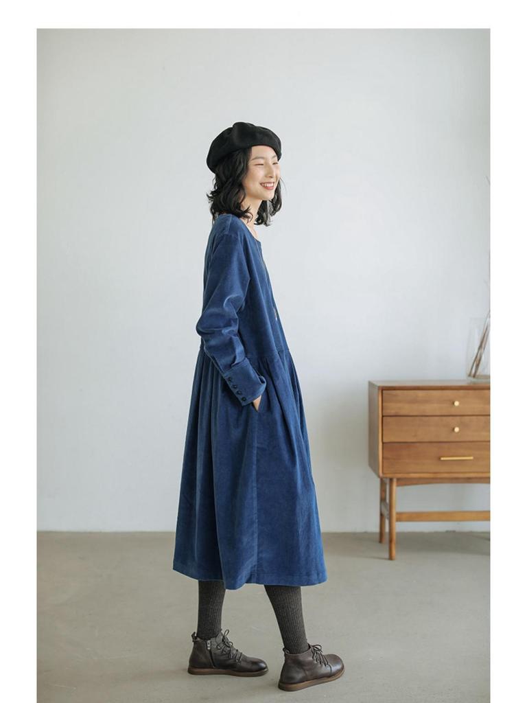Autumn 2021 Japanese-Korean Corduroy Literary Dress - Women's Long-Sleeve Midi Skirt