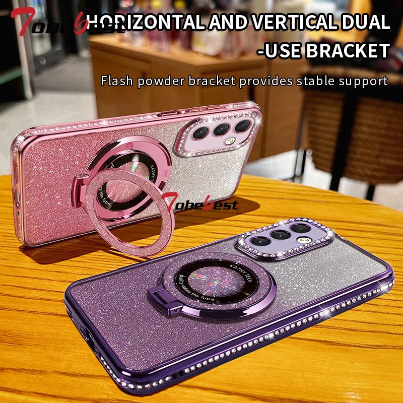 Diamond Glitter Plating For Magsafe Phone Holder Case For Samsung Galaxy A15 A14 A13 A55 A54 A53 A52 4G 5G Stand Silicone Cover