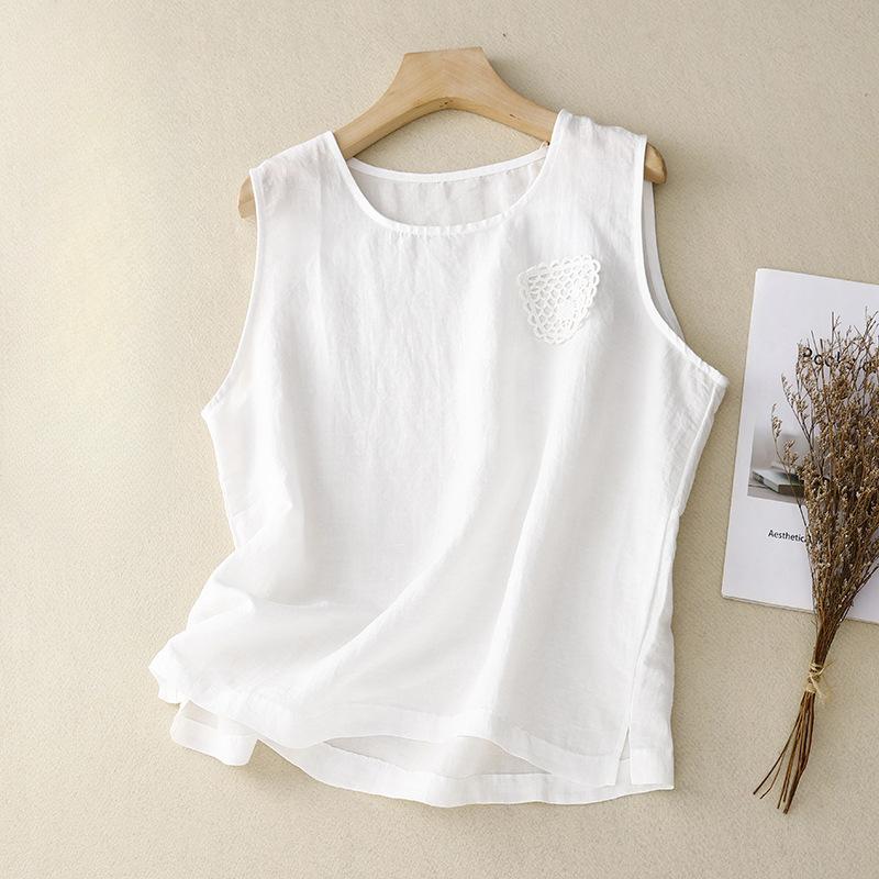 

Летний хлопковый льняной однотонный топ, свободный и утягивающий, повседневный жилет без рукавов для женщин M белый