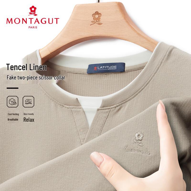 MONTAGUT Men s Linen Blend Faux Two-Piece V-Neck T-Shirt XL легкие хаки