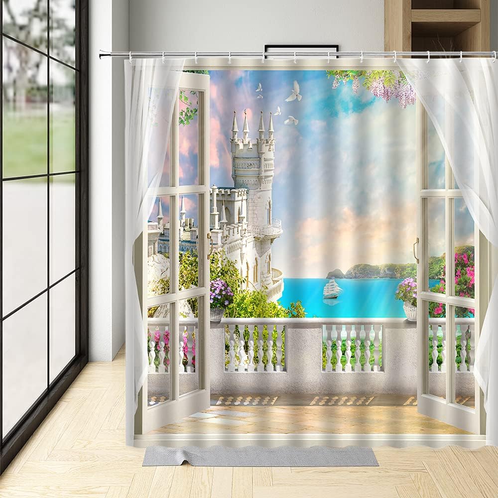 Sea View Shower Curtain Ocean Fantasy Castle Balcony Dreamy Beach Garden Summer Seaside Hawaii White Wooden Windows