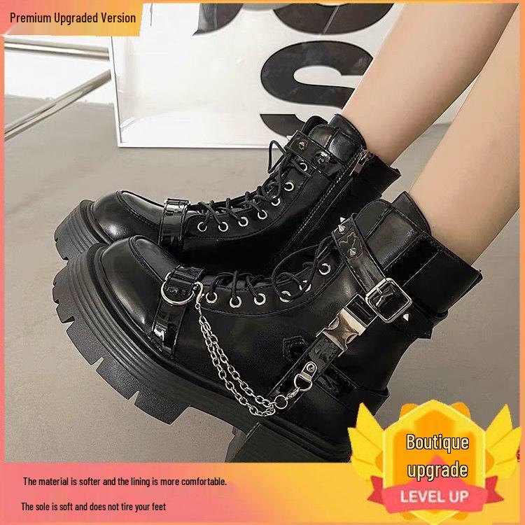 Women's Spring 2025 Black Thick-Soled Martin Boots: Height-Increasing, Versatile, Trendy British Style Ankle Motorcycle Boots