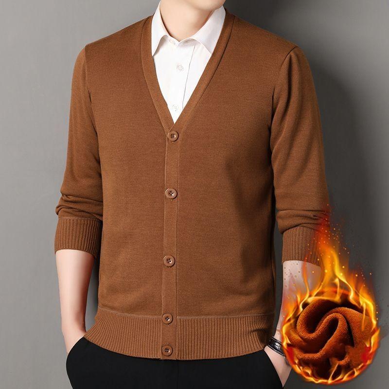 Men's Fall/Winter V-Neck Fleece-Lined Warm Cardigan: Knit Jacket for Middle-Aged and Elderly Men