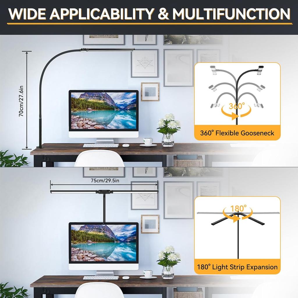 CANMEIJIA LED Desk Lamps for Home Office - Upgrade Dual Head Architect Task Lamp with Clamp & Adatper, 50 Lighting Modes Monitor Light Bar,