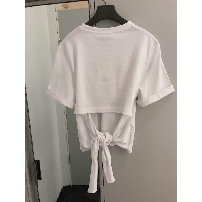 

Special waist strap short-sleeved T-shirt women s summer sweet and spicy style short front shoulder halter crew neck top XL