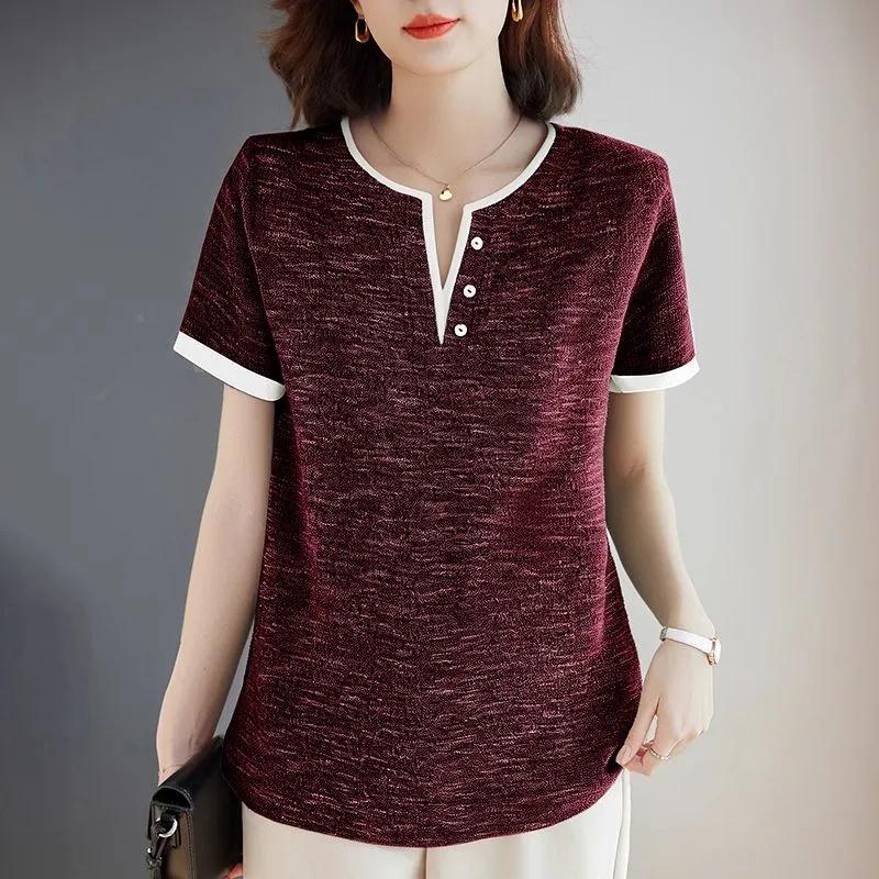 Contrast Color Casual Short-sleeved T-shirt for Women Summer New Style Western Style Shirt Large Size Loose Top