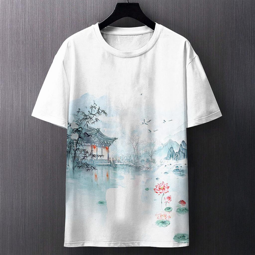 Summer Round Neck 3D Chinese Ink Landscape Print Top Fashionable Casual Short Sleeved Men's T-shirts