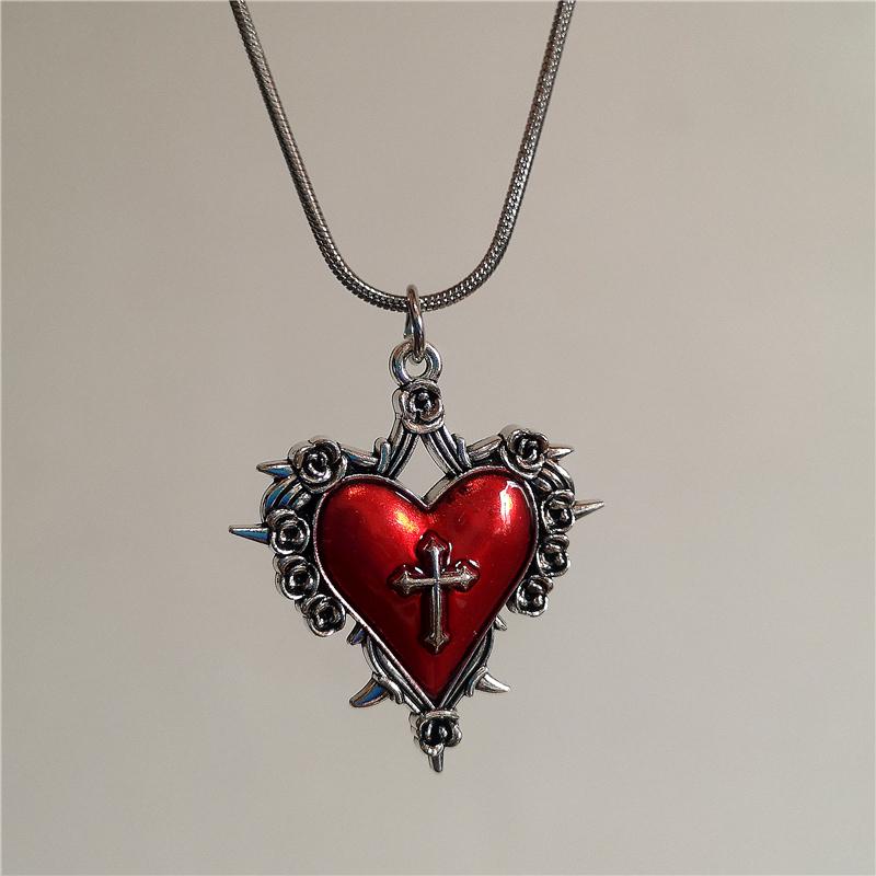 Gothic Trendy Y2K Red  Heart Cross StarPendent Snake Chain Choker Necklace For Women Men Punk Vintage Grunge Aesthetic Jewelry
