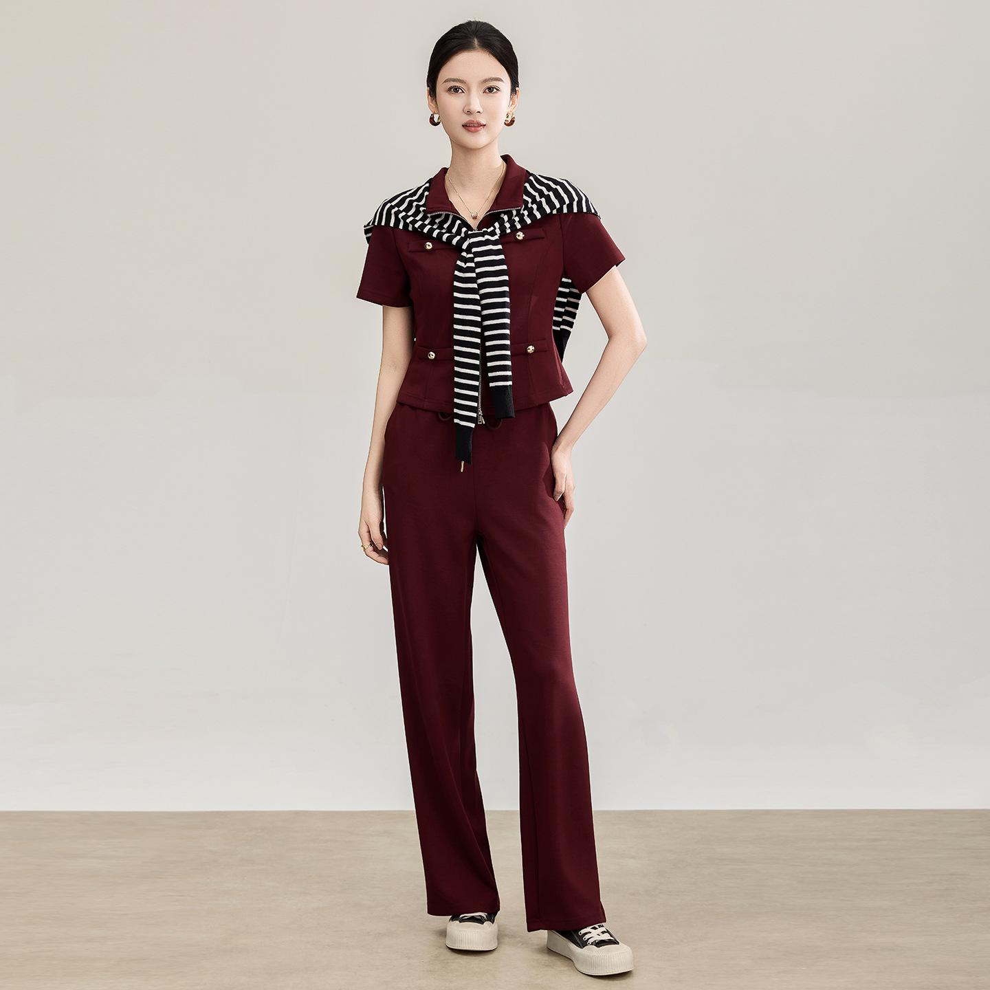 Nanyou Striped Shawl Jacket + Belted Elastic Waist Pants Set Large бордовый