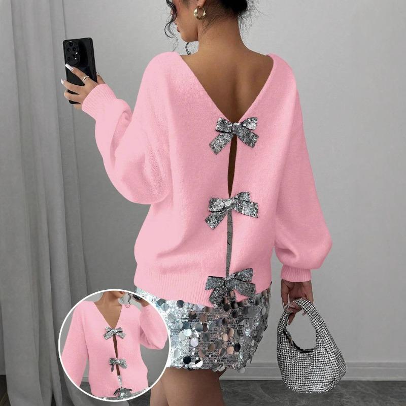 Fashion Sequined Bow Loose Long-sleeved Niche Knitted Sweater Cardigan