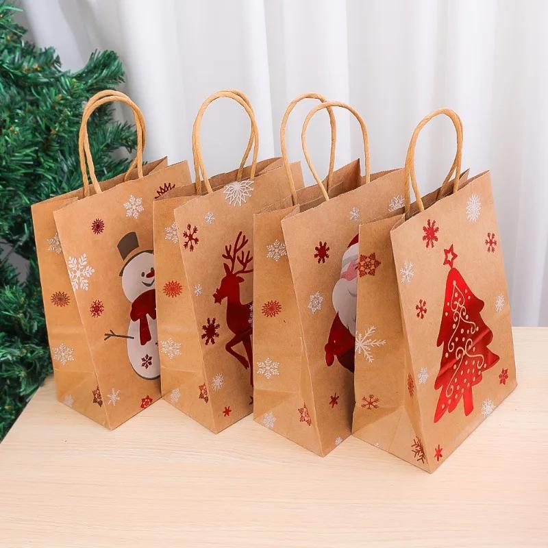201Pcs Christmas Gift Packaging Bag Biscuit Candy Storage Bag Snowflake Santa Claus Kraft Paper Bag Xmas New Year Gift Handbag