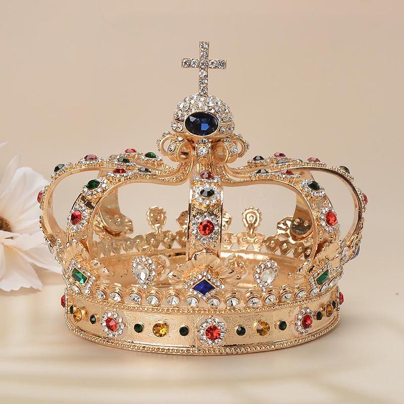 Perleglass Rhinestone Garden Krone Brude Europeisk Prinsesse Tiara Rund Barokk Pageant Kroner Krystall Full Krone Konge Tiara