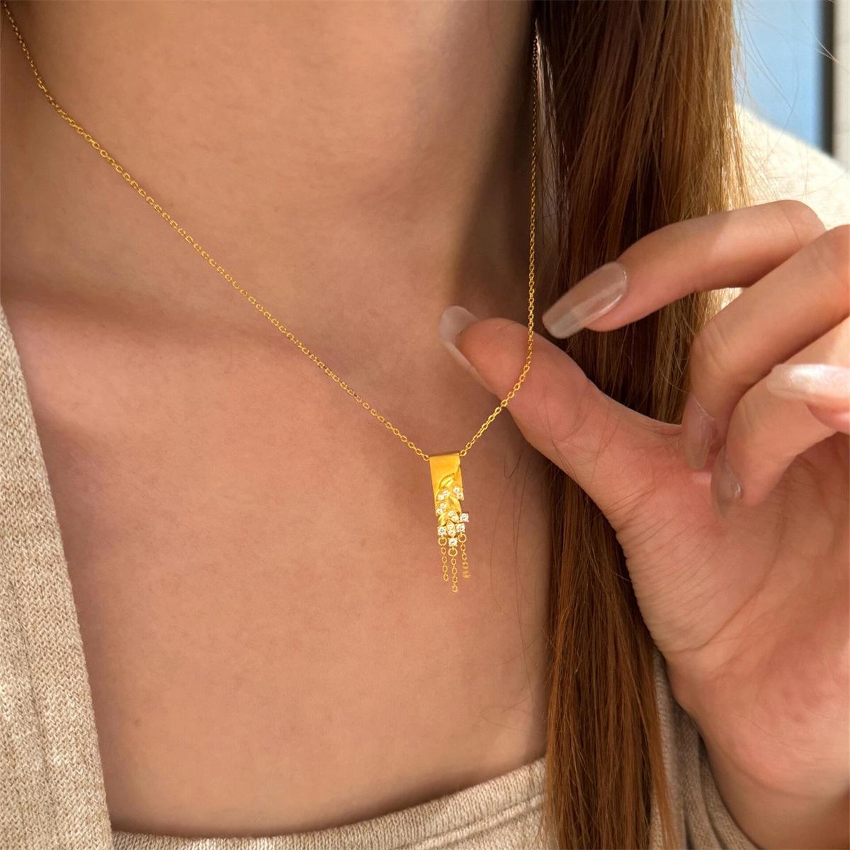 New Chinese style cold zircon square wheat ear tassel necklace accessories women s exquisite sweater chain necklace