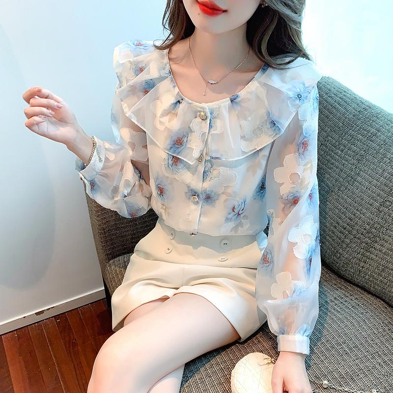 Fashion New 2024 Autumn Long Sleeve O-Neck Casual Ruffles Print Chiffon Blouse Shirt Women Tops Blouses Shirts J562