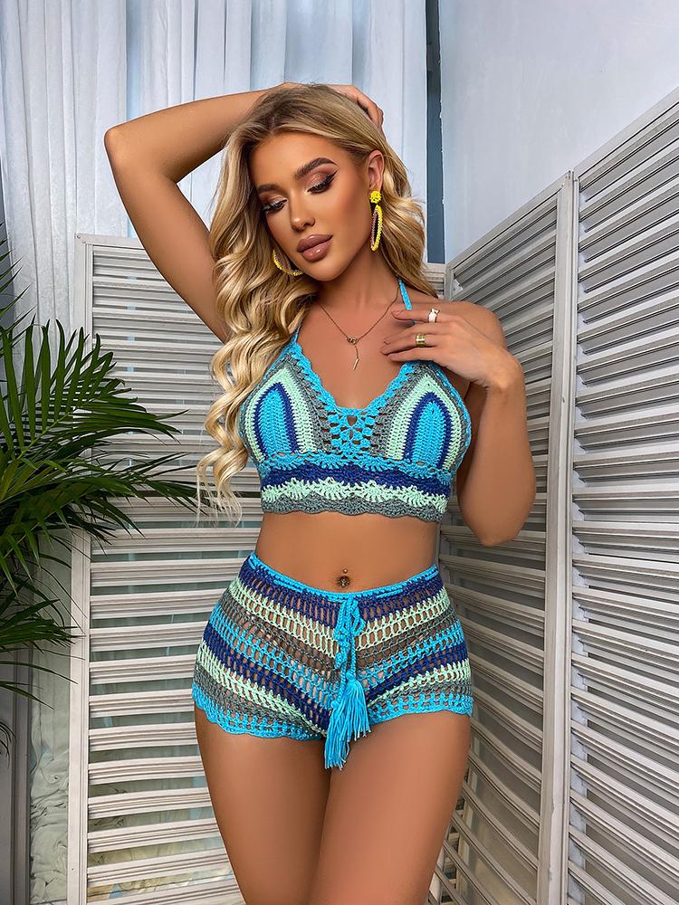 Virkat Bikiniset Flerfärgad Regnbågsrandig Off Shoulder Topp + Trosa Bikini Strandkläder Baddräkt Badkläder Baddräkt Kostym