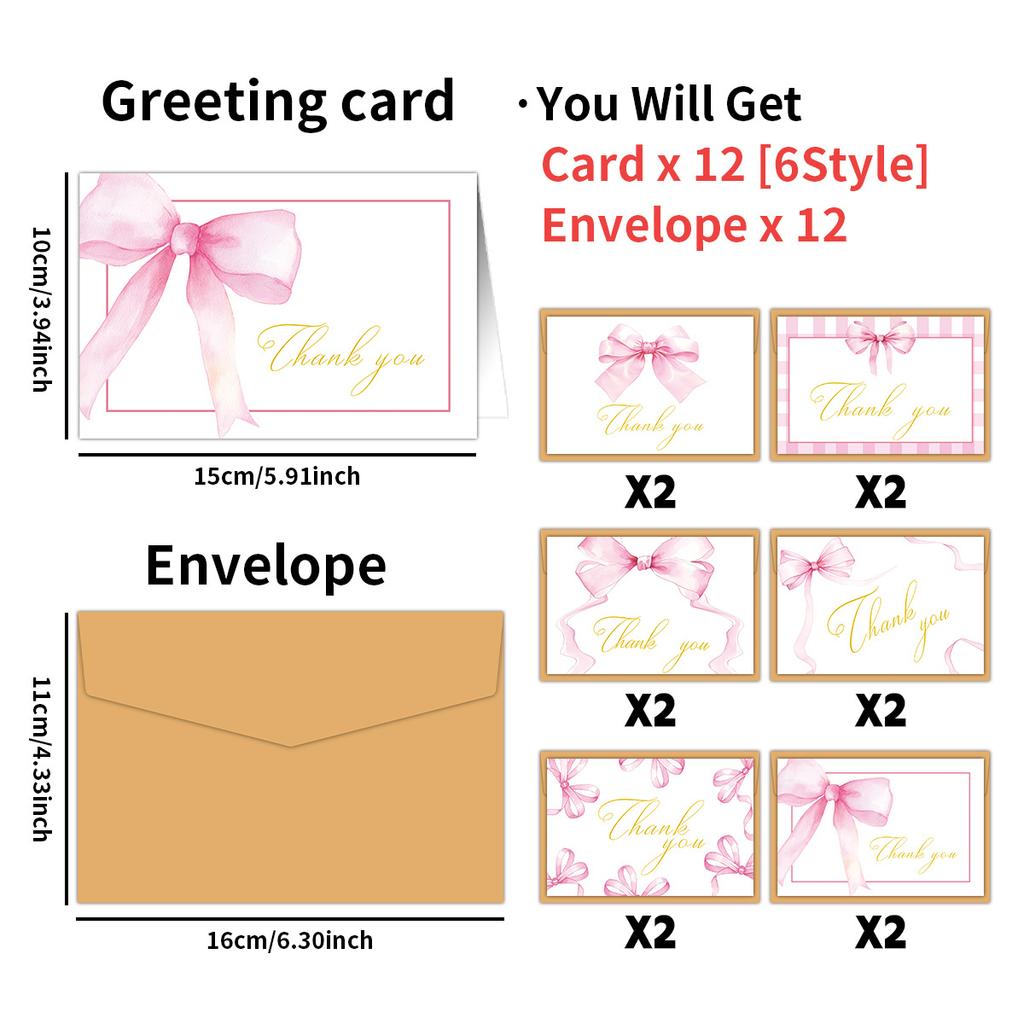 Watercolor Bow Greeting Cards Set with Envelopes, Thank You Notes for Birthday Wedding Blessing Messages, Party Favors