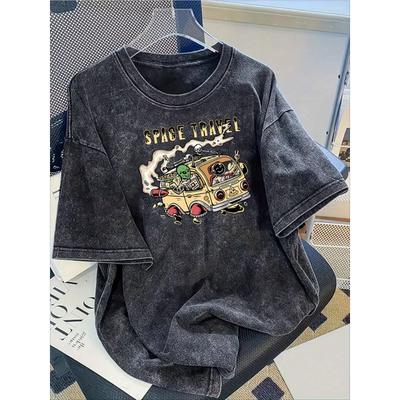 Washed Summer Men's Cotton T Shirt Trendy Street Simple Car Pattern Print Suitable Home Wear