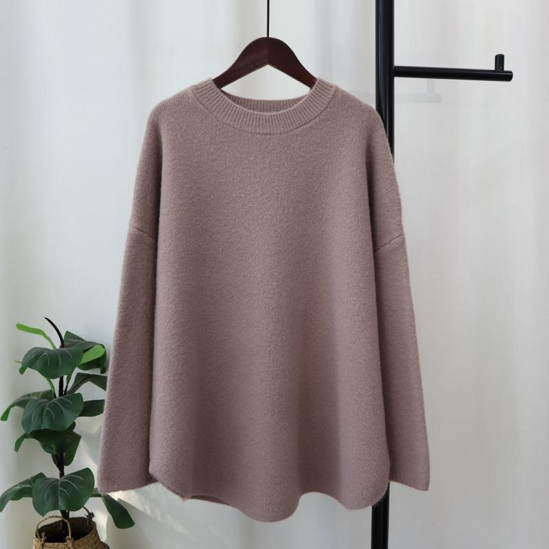 Thickened solid color medium and long knitted sweater top women's autumn and winter new loose soft waxy lazy wind sweater pullover