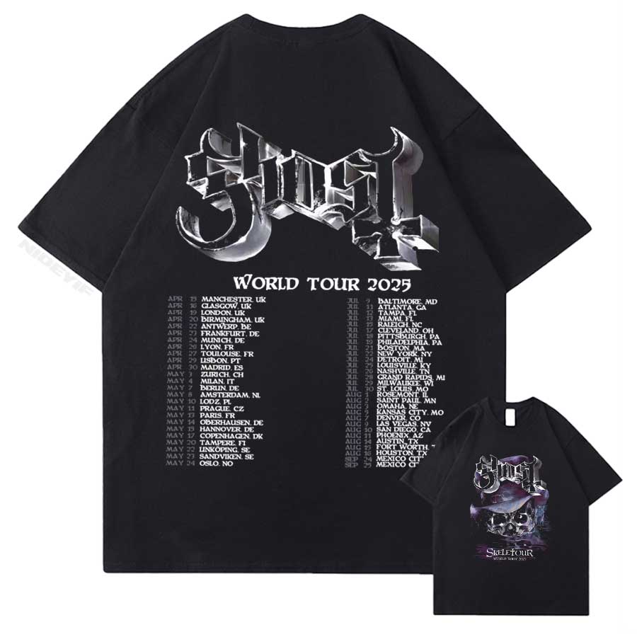 2025 Letnia Koszulka Męska Merch z Trasy Koncertowej Ghost Skull Hiphop Street Luźny Top 100% Bawełna Koszulka z Krótkim Rękawem