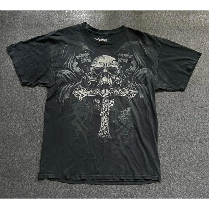 Summer European and American Men's New Gothic Skull Print Soft and Breathable Round Neck T-shirt Outdoor Street Top