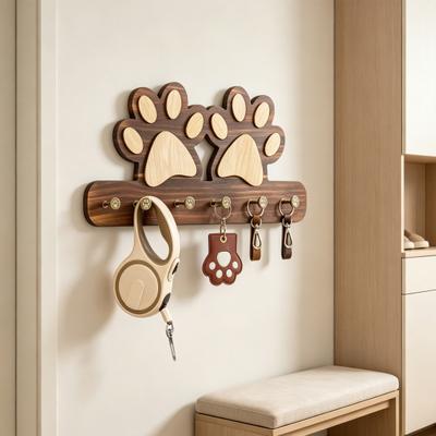 Yousheng Wall Hook with Dog Paw Shape Key Holder Wood with Anti-Rust Metal Hooks Organizer for Keys Pet Leashes Scarves Small