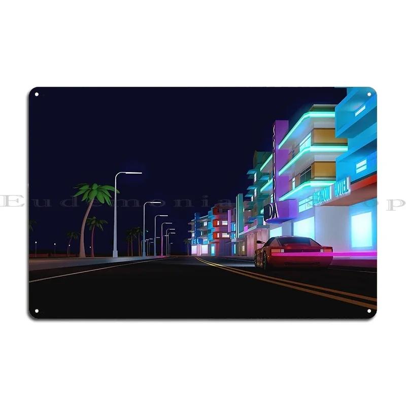 Shoreline Drifter Car Driving Towards Synthwave Sun Through s Miami Metal Plaque Printing Customize Tin Sign Poster