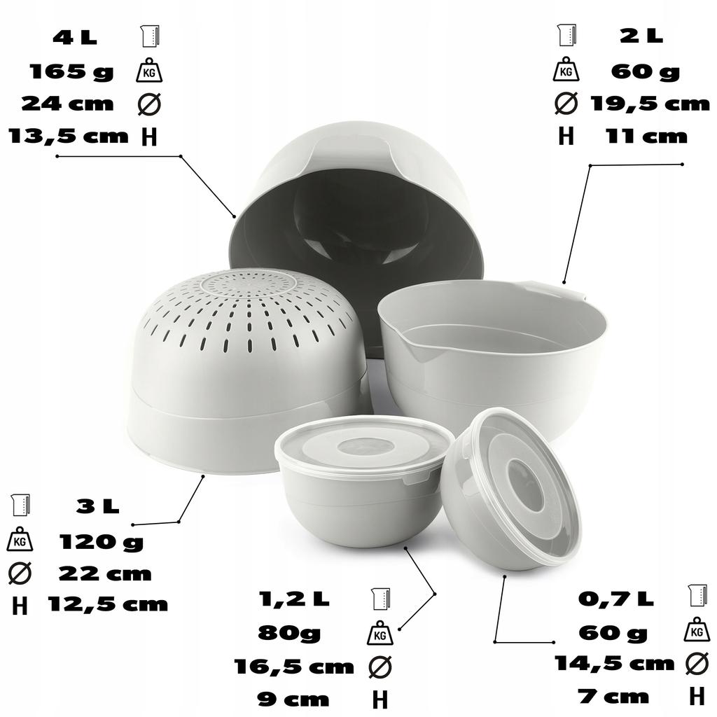 KADAX Set of 7 Kitchen Bowls + 3L Colander Plastic