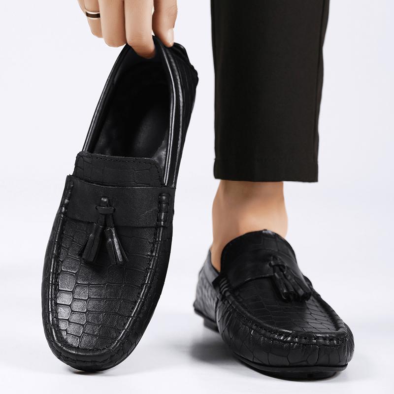 Crocodile Pattern Men Loafers Business Style Moccasins Genuine Leather Slip On Footwear Party Mens Boat Flats Tassel Walk Shoes