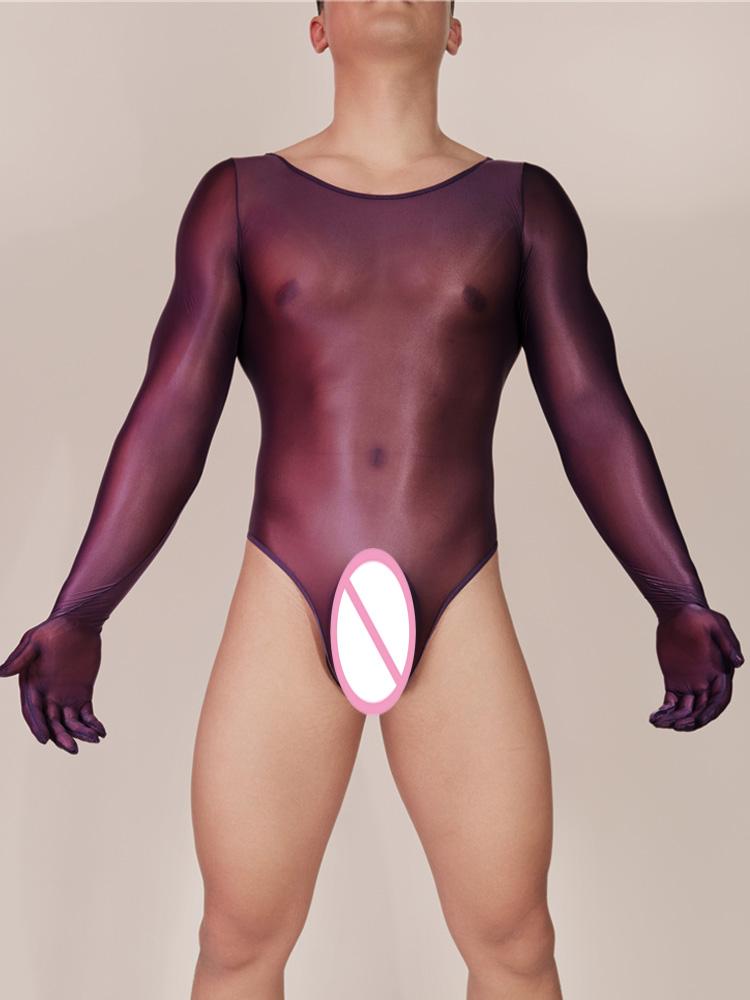 Sexy Men High Cut Bodysuit U Bulge Pouch Elastic Finger Gloves Tights Sheer See Through Shapping Maid Leotard One Pieces Thong