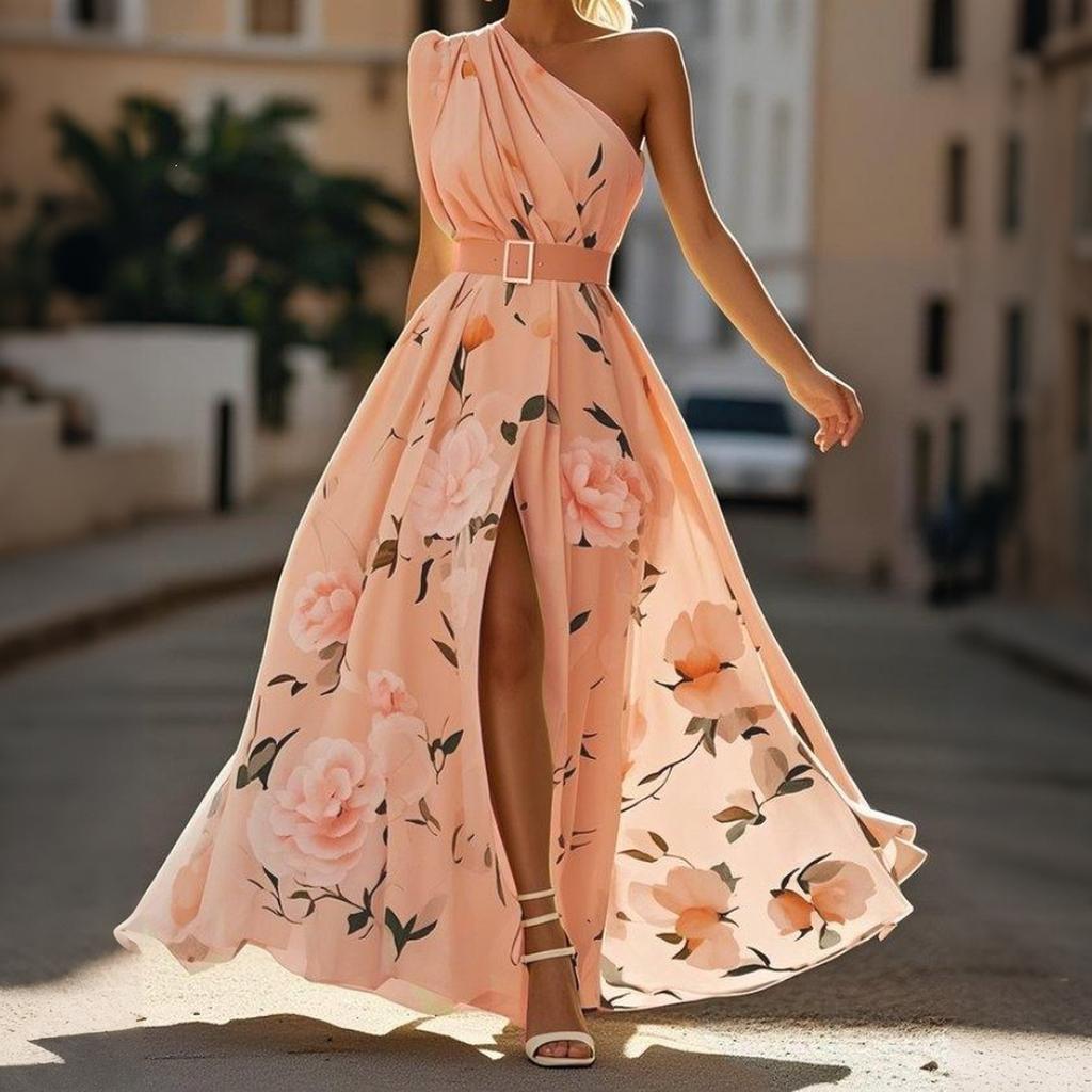 Women Floral Print Sleeveless Maxi Dress with Belt One Shoulder Design High Slit Long Dress for Casual or Formal Wear