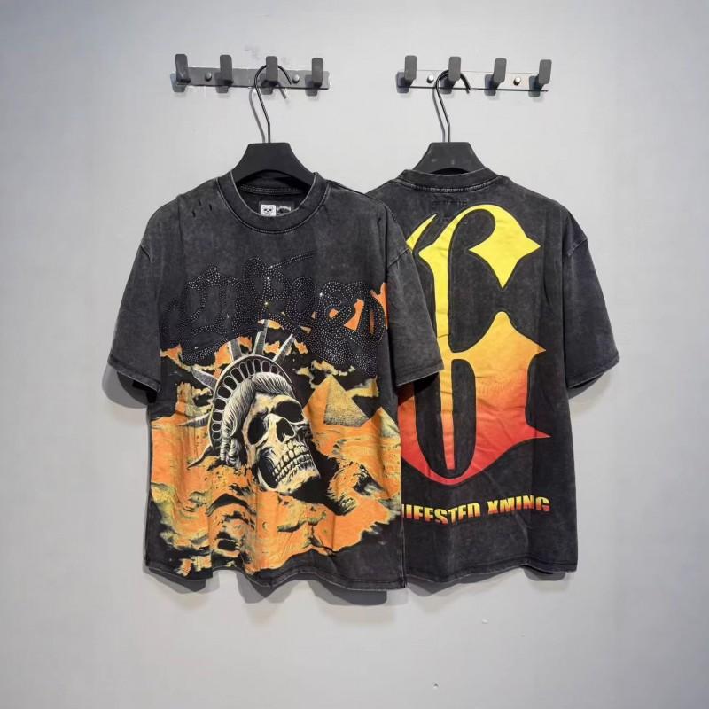 Mens Oversized Graphic Tee With Skull Print Washed Vintage Cotton T-Shirt Loose Fit Short Sleeve Crew Neck