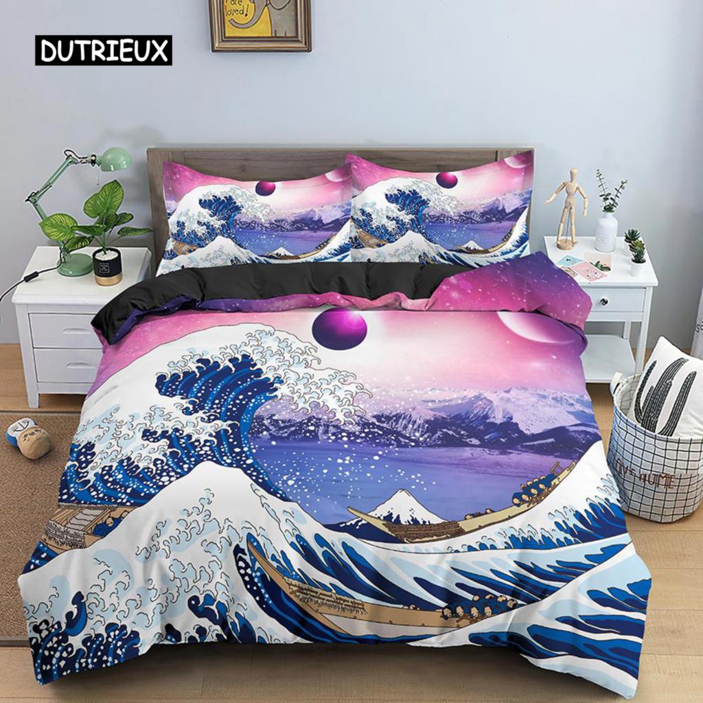 Wave Duvet Cover Set for Kids Teens Adult King Size Abstract Blue Ocean Comforter Cover Waves Sailing Moon Polyester Bedding Set