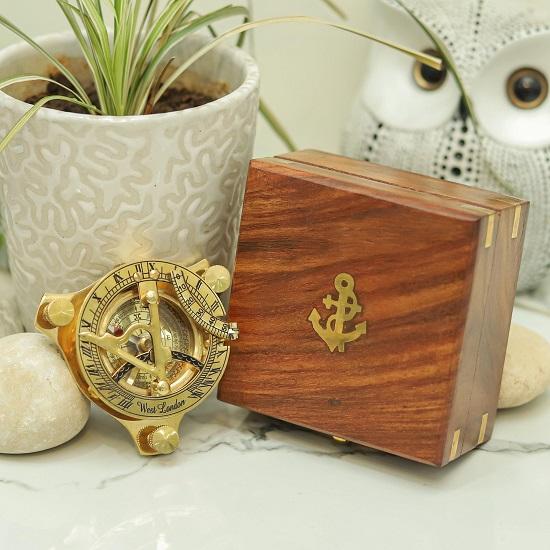 

Brass Sundial Compass with Wooden Box Style Engraved Nautical Compass for Him, Explorer, or Retirement Gift