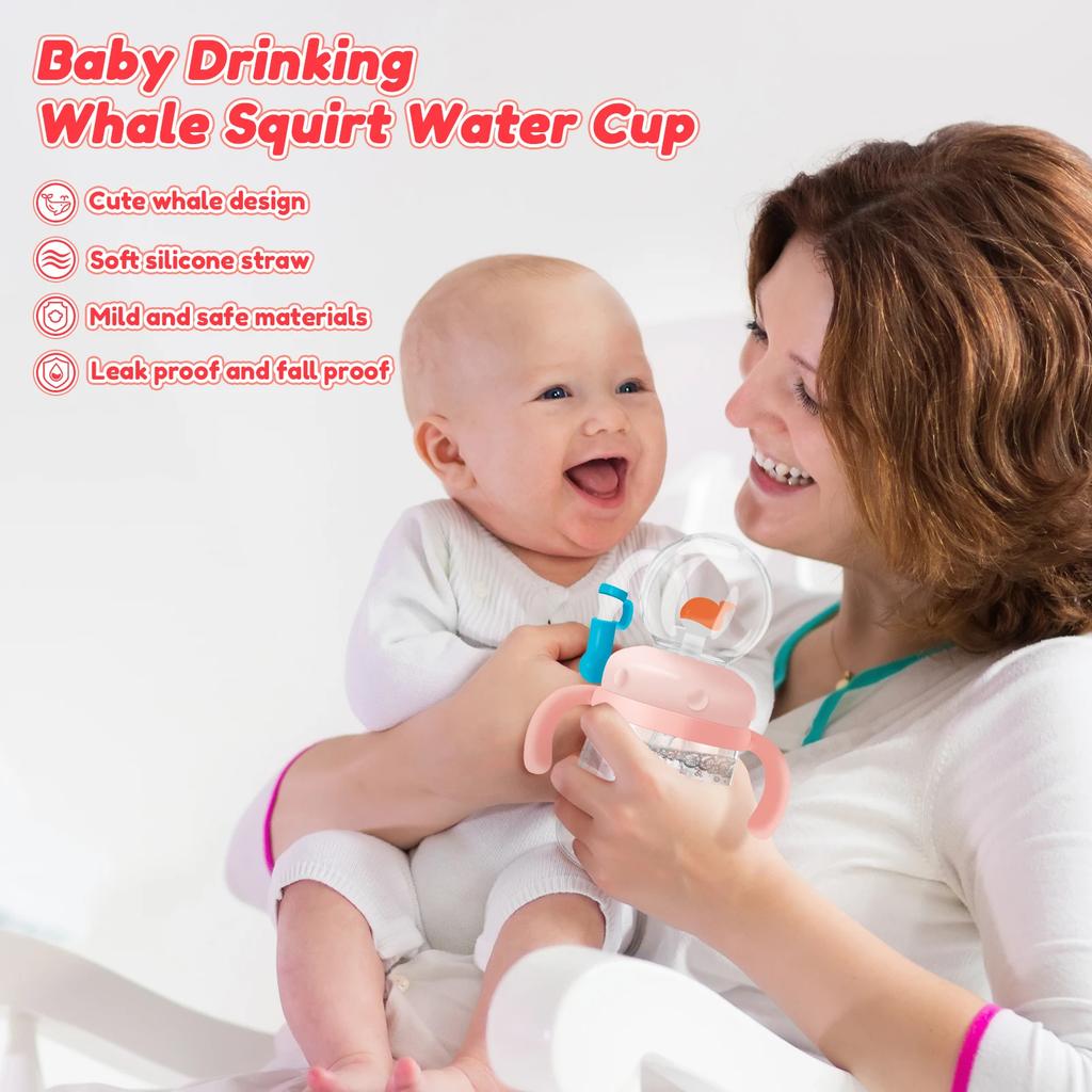 300ML Baby Drinking Cup Feeding Bottle With Straw Cute Whale Squirt Water Cup Drinking Milk Water Bottle with Handle Leakproof