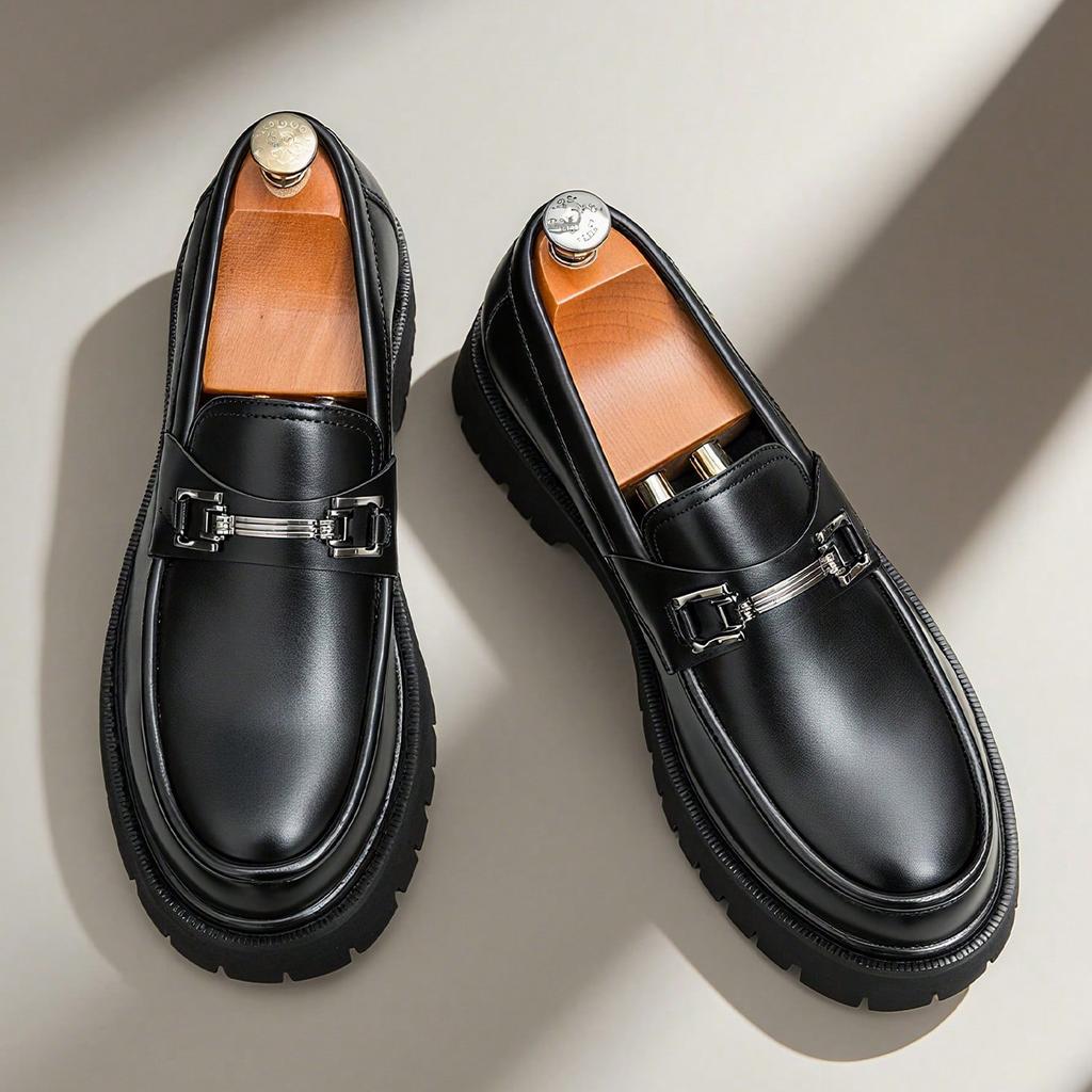 Fashion Classic Thick Sole Men'S Penny Loafers Slip-On Business Dress Shoes For Gentleman Metal Buckle Formal Party Black Shoes