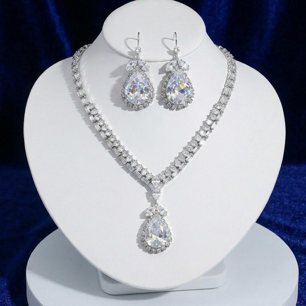 European & American Style Zircon Tulip Necklace and Earrings Set