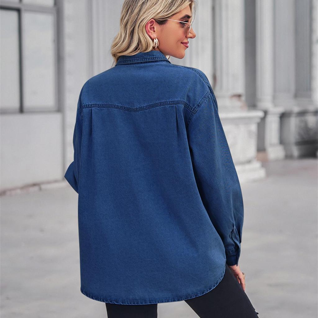 Giacca da donna con risvolto casual, collo a polo, manica lunga autunno e inverno in denim alla moda