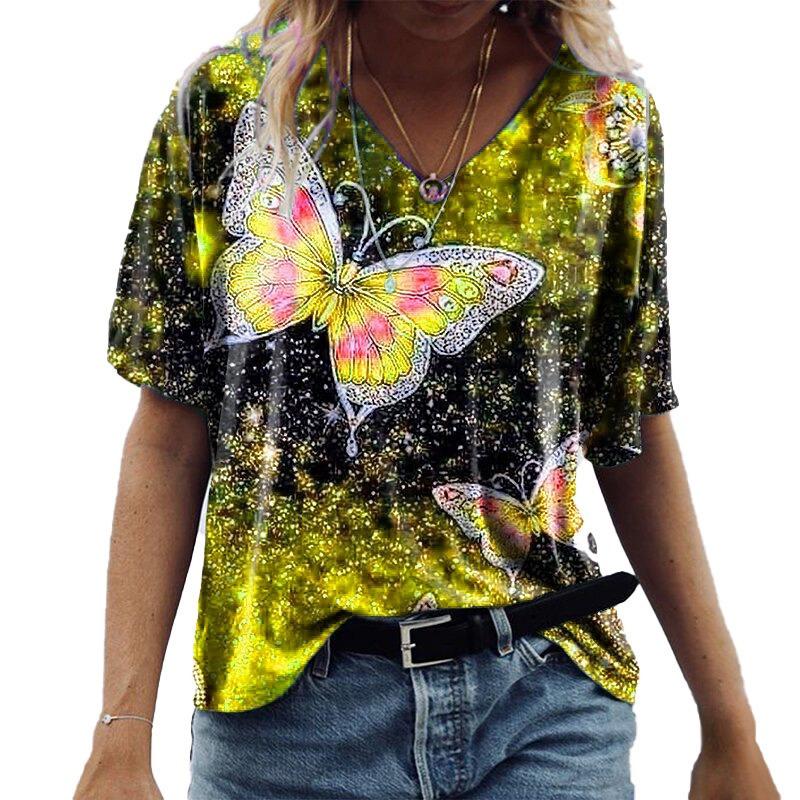 Summer Casual V-Neck Rainbow Printed Short Sleeve Women's T-Shirt Top