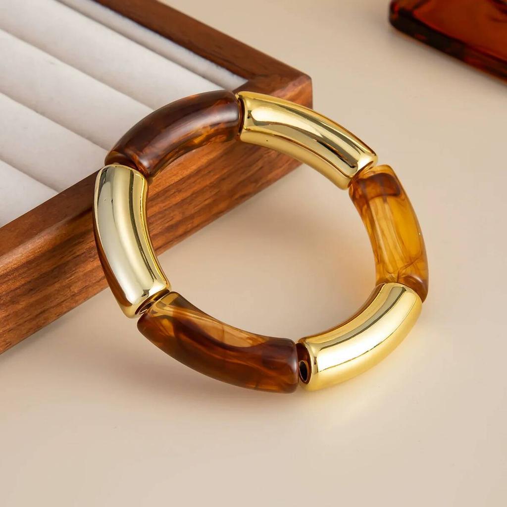 Salircon 4 Styles New Vintage Beige Coffee Resin Beaded Chain Bangle Bracelets Spliced Acrylic Bracelet for Women Ethnic Jewelry
