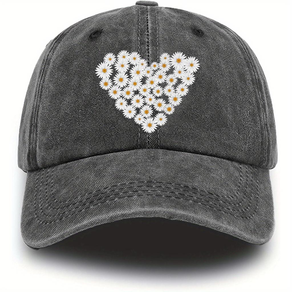 Ladies' retro floral baseball cap - black distressed style, white sunflower heart-shaped design, comfortable