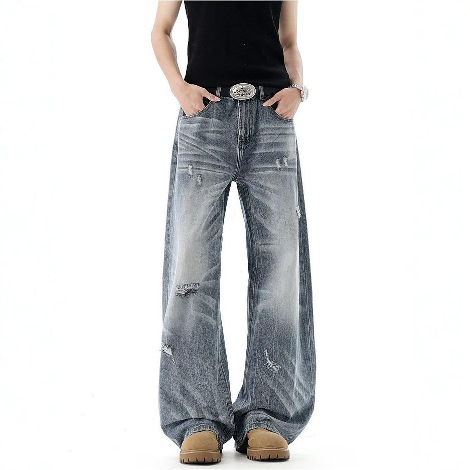Trendy brand American ripped washed scimitar jeans men's and women's summer retro street loose and versatile wide-leg trousers