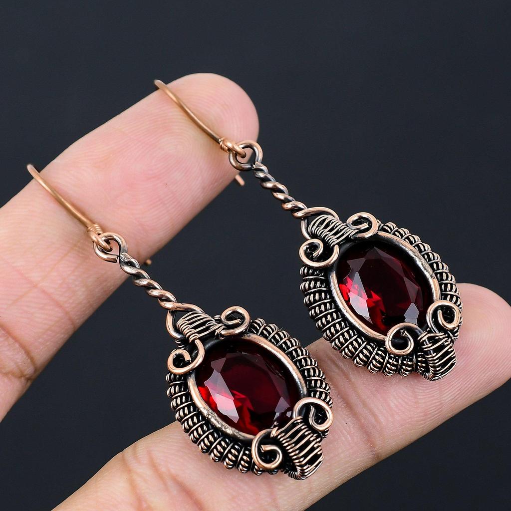 Garnet Gemstone Handmade Pure Copper Wire Wrapped Amazing Jewelry Earring
