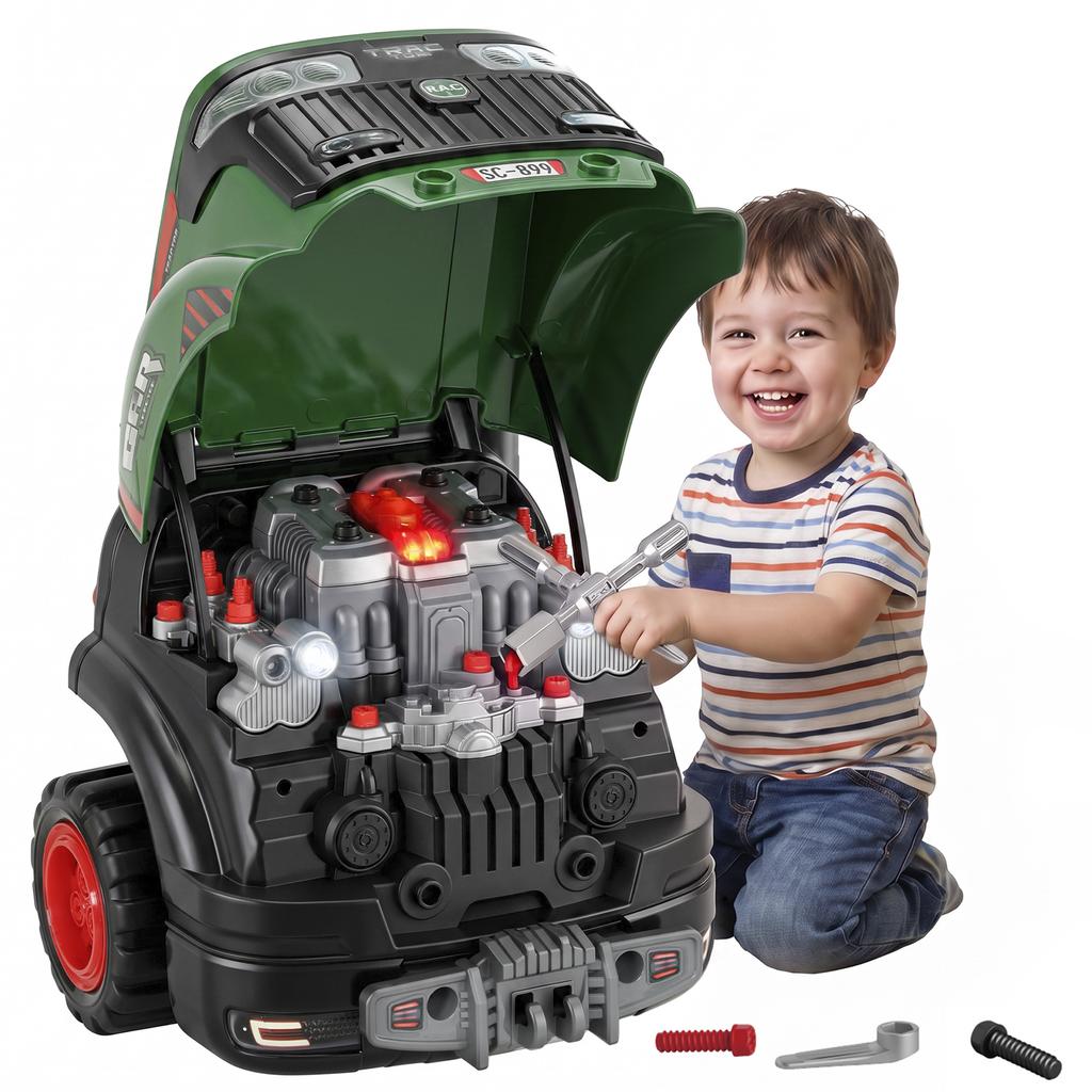 Children's Truck Engine Toy, Steering Wheel, Fog Effect, Sound and Light, Ages 3-6, Green