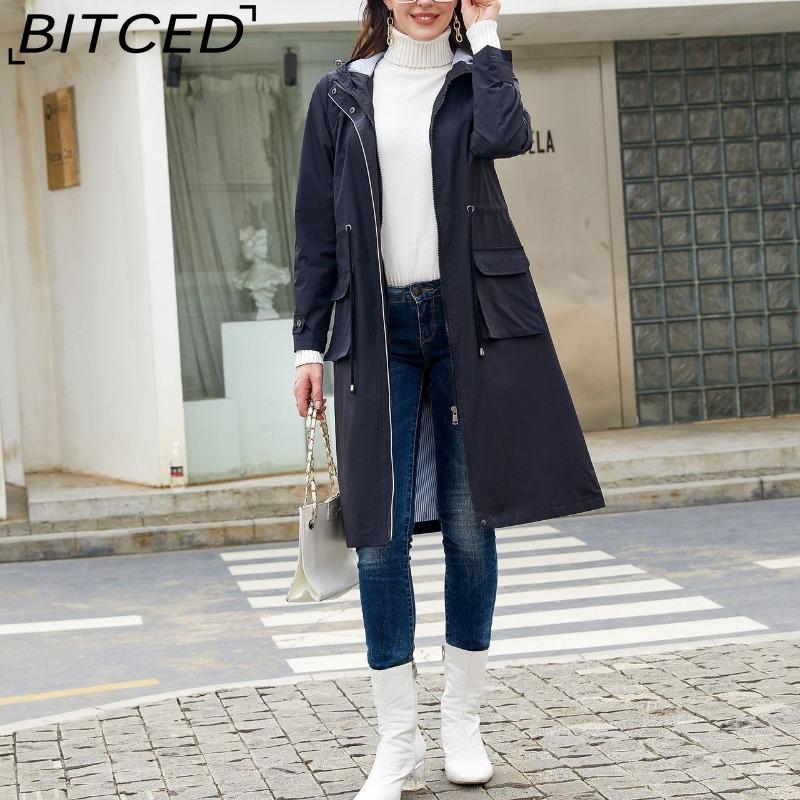 BITCED Spring/Fall Long-Sleeve Casual Trench Coat for Women Water-Resistant Hooded Solid-Color Top Striped Lining Straight-Cut Jacket
