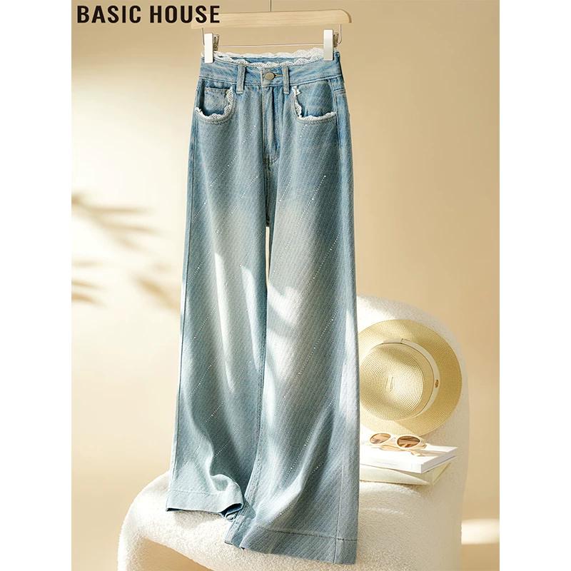 Basic House Women s High-Waist Lace-Trim Wide-Leg Jeans XL