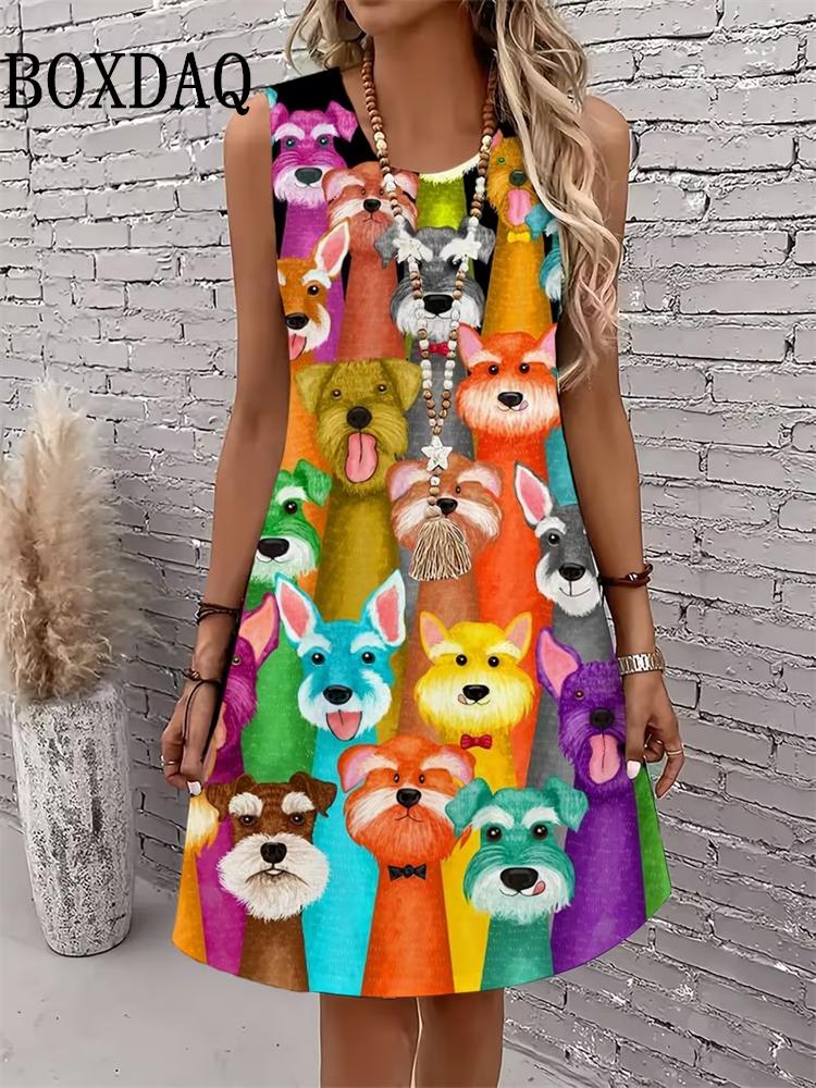 2026 Women's Dress Summer Fashion Abstract Cat Pattern Sleeveless Dress Loose Sundress Casual Graffiti 3D Print Plus Size Dress