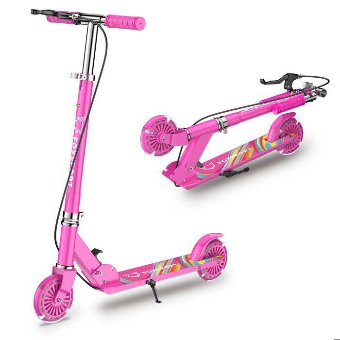 Trottinette Enfant - FOXSPORT - Pliable - 2 Roues Clignotantes -Guidon Ajustable de 3 Niveaux - Frein à Main - Charge 100 kg - Rouge