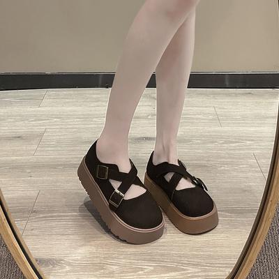 Women's Fashion Thick Sole Single Shoes Autumn New Female Round Head Shallow Mouth Suede Cross Metal Buckle Ladies Flat Shoes